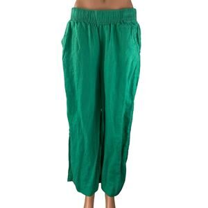 Tahari 100% Linen Green Linen Elastic Waist High Rise Wide Leg Trousers Pants L